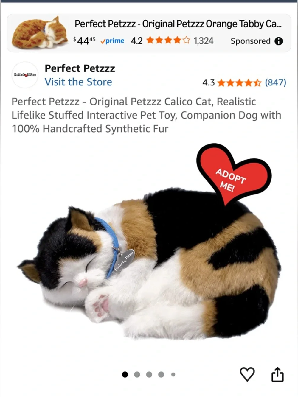 Perfect Petzzzz Calico Lifelike Sleeping Cat - Calico, New in Box